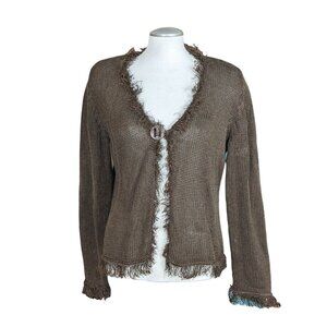 Chicos Womens Button Front Fringed Cardigan Size Medium Brown Knit Linen Blend